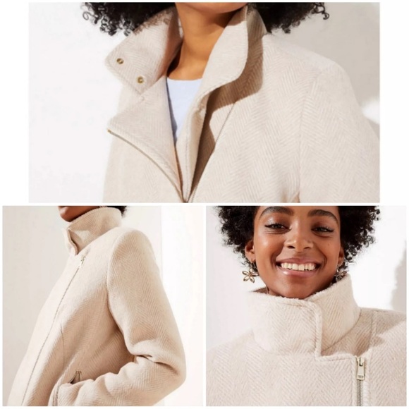 Loft Herringbone Cream Moto Pea Wool Winter Coat size Medium. Good condition - Picture 3 of 14